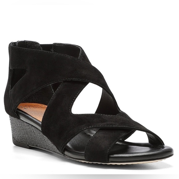 New Donald Pliner Vela Black Suede Criss Cross Strappy Sandals Low Wedge Sz 7 - Picture 1 of 12